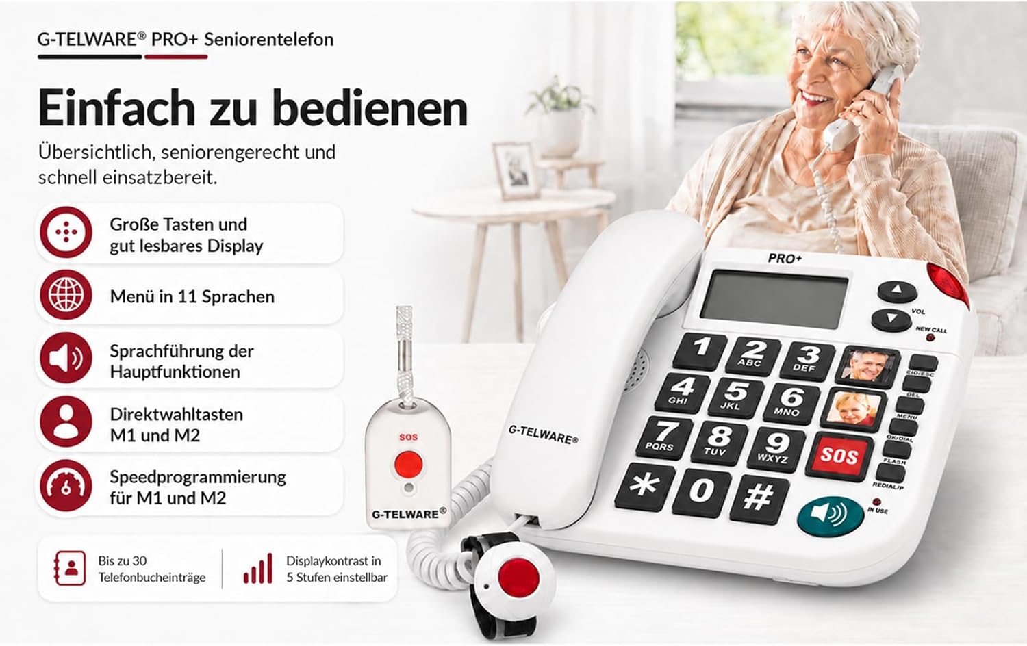 PRO (World First) Silence SOS Technology/SOSParam.einstellb./2026 Model House Emergency Call Senior Phone with Radio SOS Transmitter - 3 Bracelet Transmitters + 2 Handheld Transmitters with Loop, Satin Grey, PRO+ – Bild 6