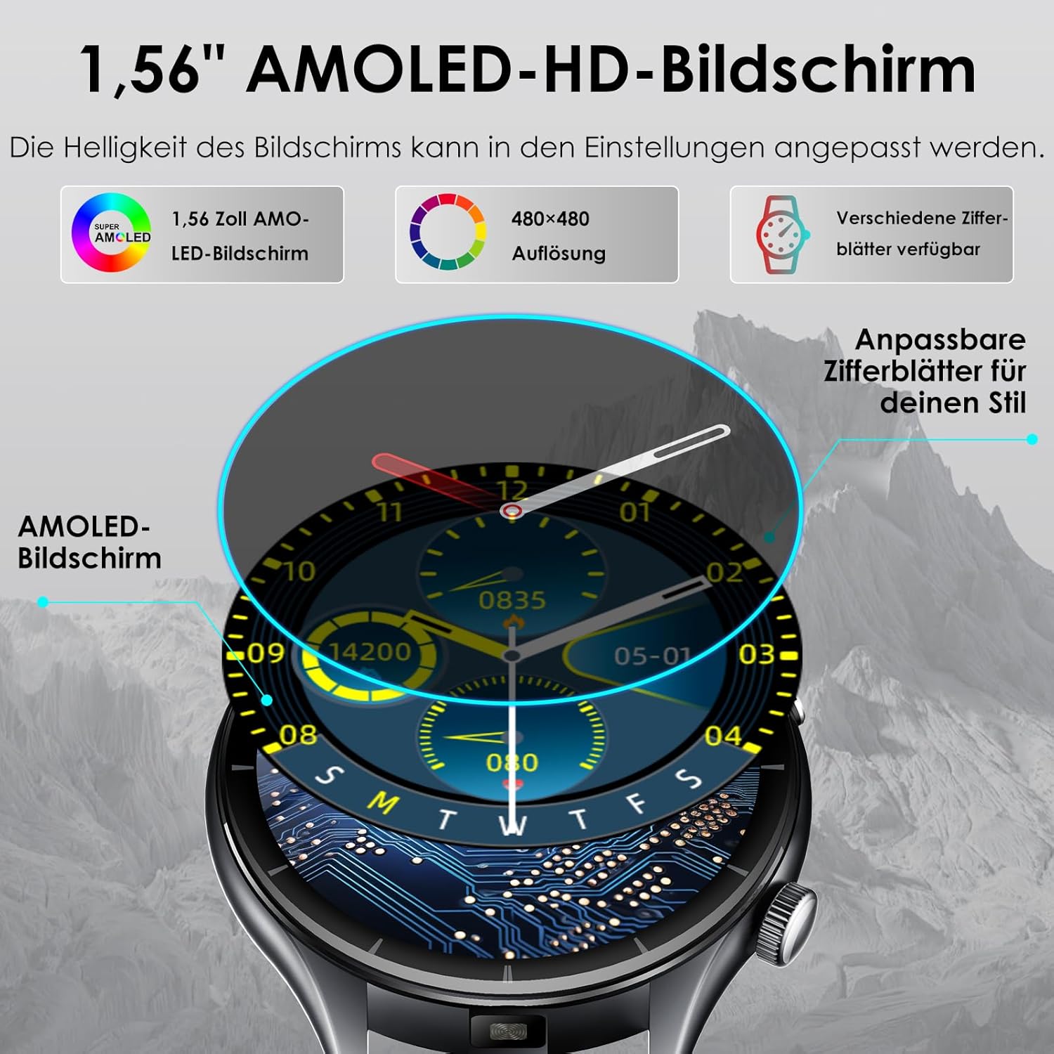 2026 Smartwatch Herren mit EKG/Blutdruck/BMI/HRV/Harnsäure/Emotion/Stimmung/LED-Licht, 1,56" AMOLED Rund Gesundheitsuhr mit SpO2/Körpertemperatur/Pulsuhr/Schlaf, SOS-Notruf Fitnessuhr für iOS Android – Bild 7