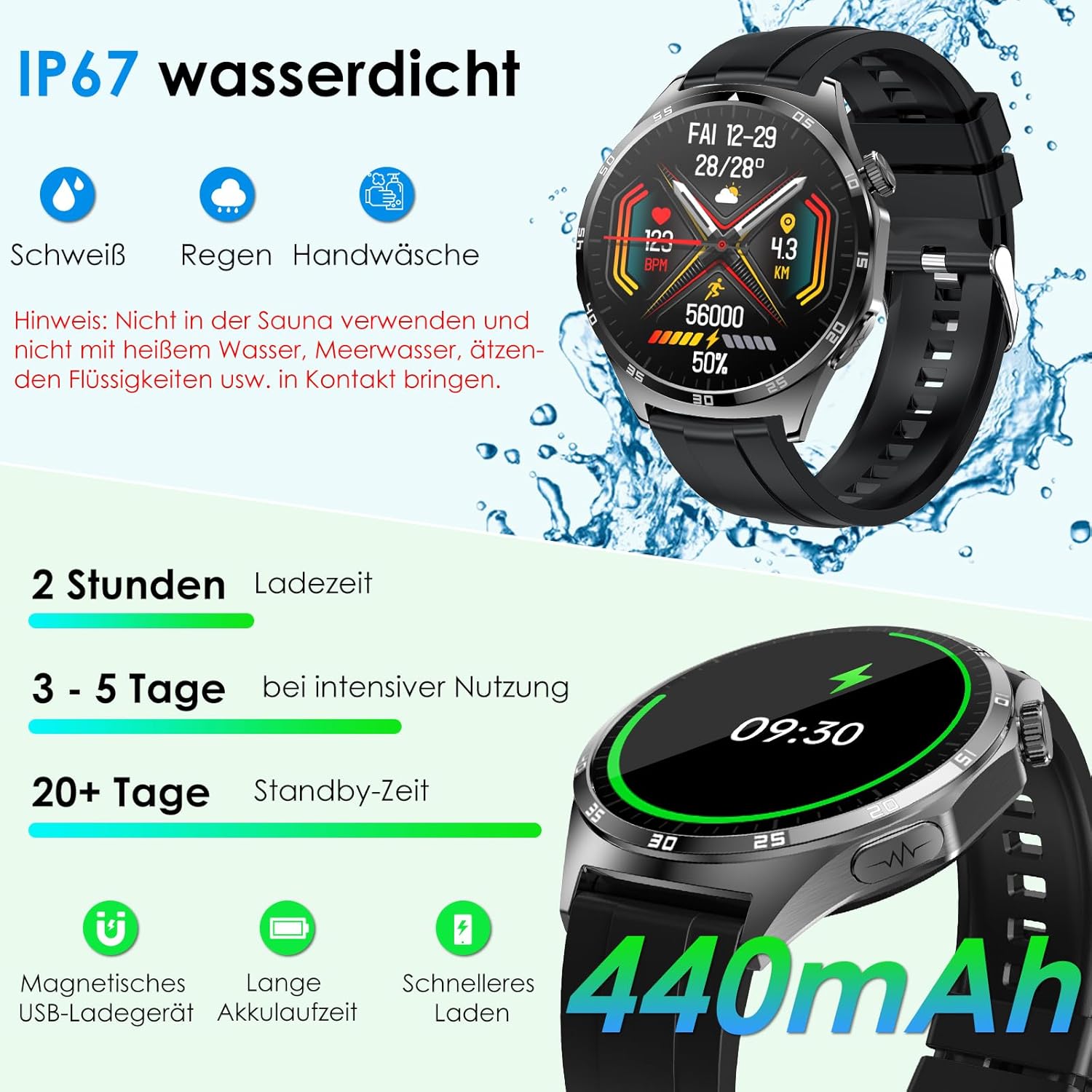 2026 Neu Smartwatch Herren mit EKG/Blutdruck/Harnsäure/Schlaf-Monitor/BMI/Emotion/Stimmung Rund 1,43"AMOLED Fitness Gesundheitsuhr mit 24h Herzfrequenz SPO2,Bluetooth-Anrufe SOS-Notruf für iOS Android – Bild 6