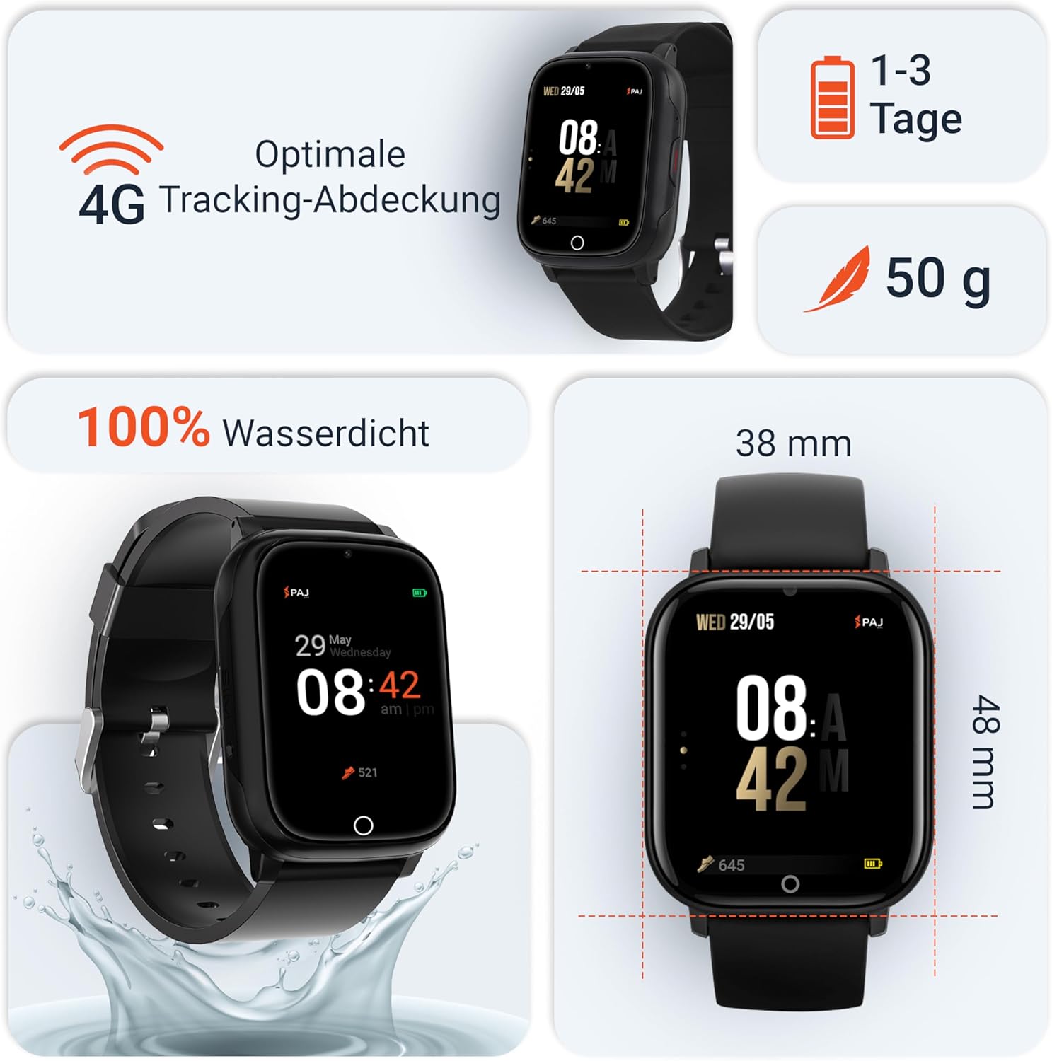 PAJ Smartwatch Finder 4G for Children - GPS Tracker, SOS Alarm, Camera, Voice Messages, Real-time Location, Waterproof, Easy to Use, Safety Thanks to Watch for Children, Seniors, Dementia - Black – Bild 7