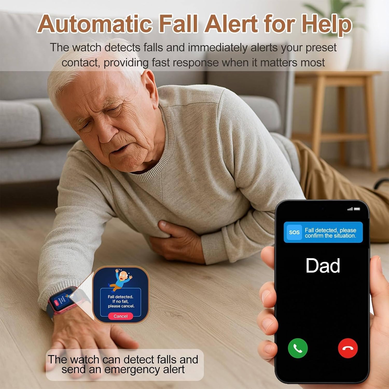 Notruf Uhr für Senioren, Notfalluhr mit Sturzsensor und GPS Tracker, HD Videoanruf Gesundheitsüberwachung, 1,47-Zoll-HD-Bildschirm IP67 Wasserfest für Alzheimer Black – Bild 3