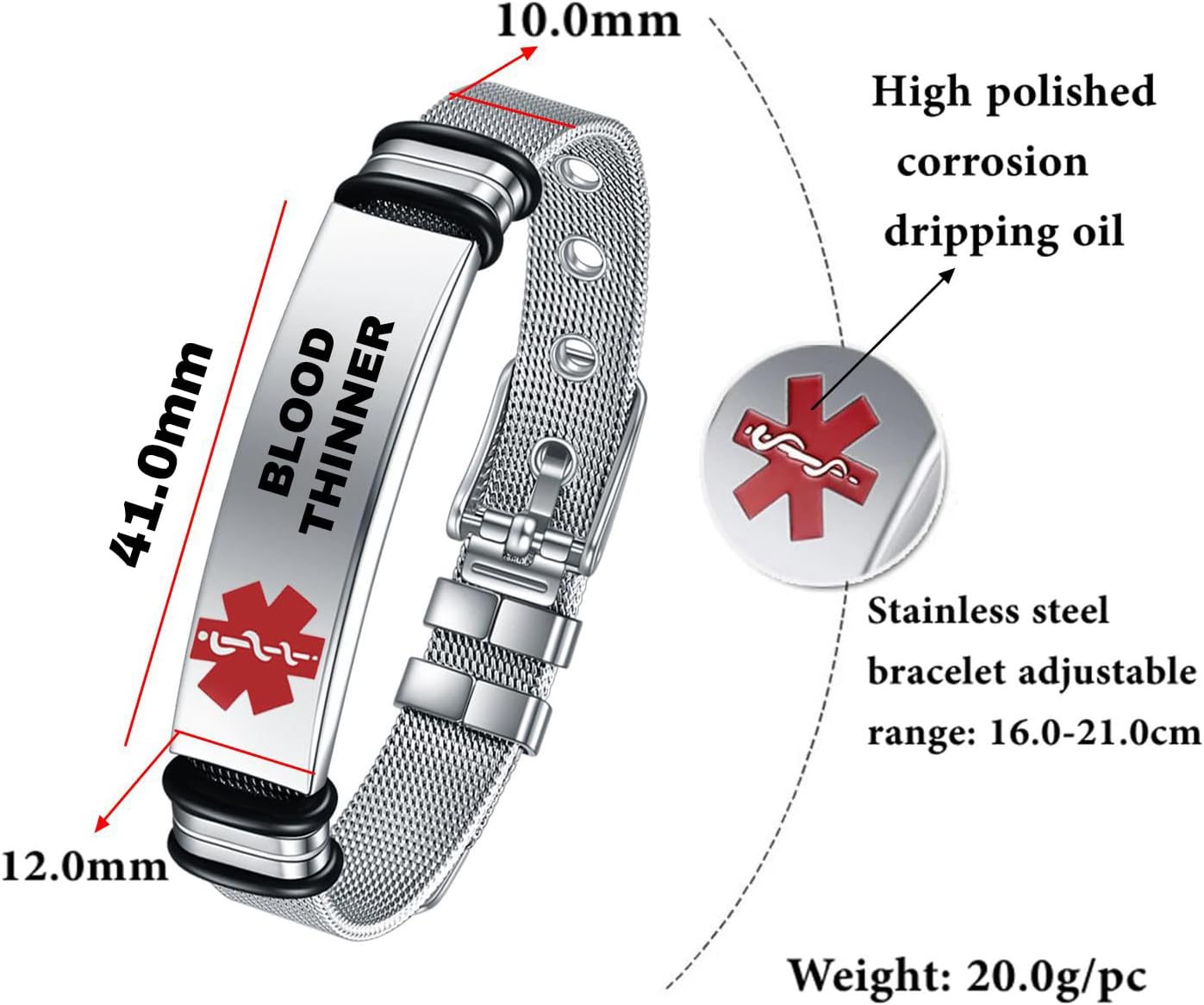 Medical Bracelet for Men and Women, Bangle, Personalised Medical Alert ID Emergency Bracelet, Medical Women's Watch Strap, Medical Bracelet Made of Stainless Steel – Bild 3