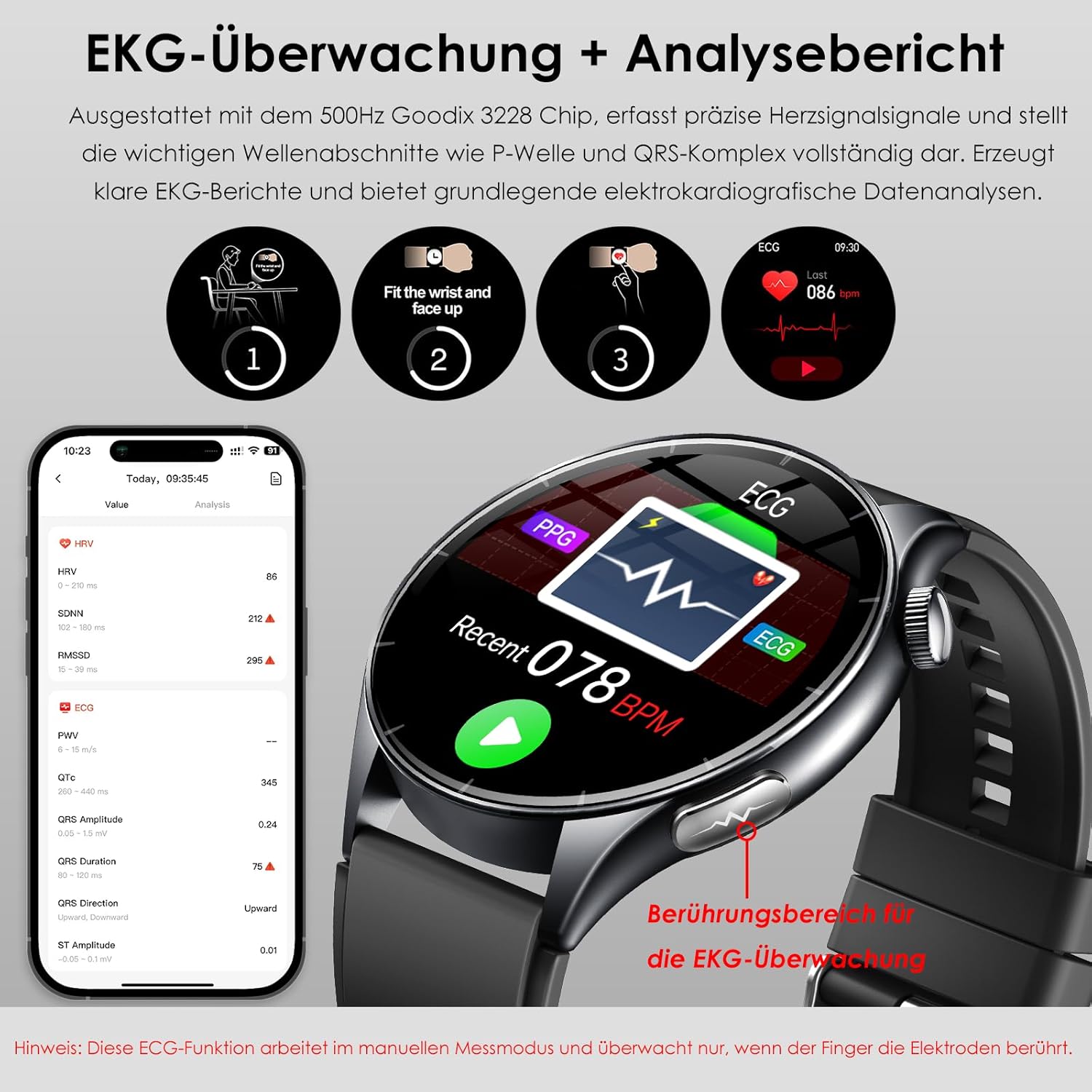2026 Smartwatch Herren mit EKG/Blutdruck/BMI/HRV/Harnsäure/Emotion/Stimmung/LED-Licht, 1,56" AMOLED Rund Gesundheitsuhr mit SpO2/Körpertemperatur/Pulsuhr/Schlaf, SOS-Notruf Fitnessuhr für iOS Android – Bild 2
