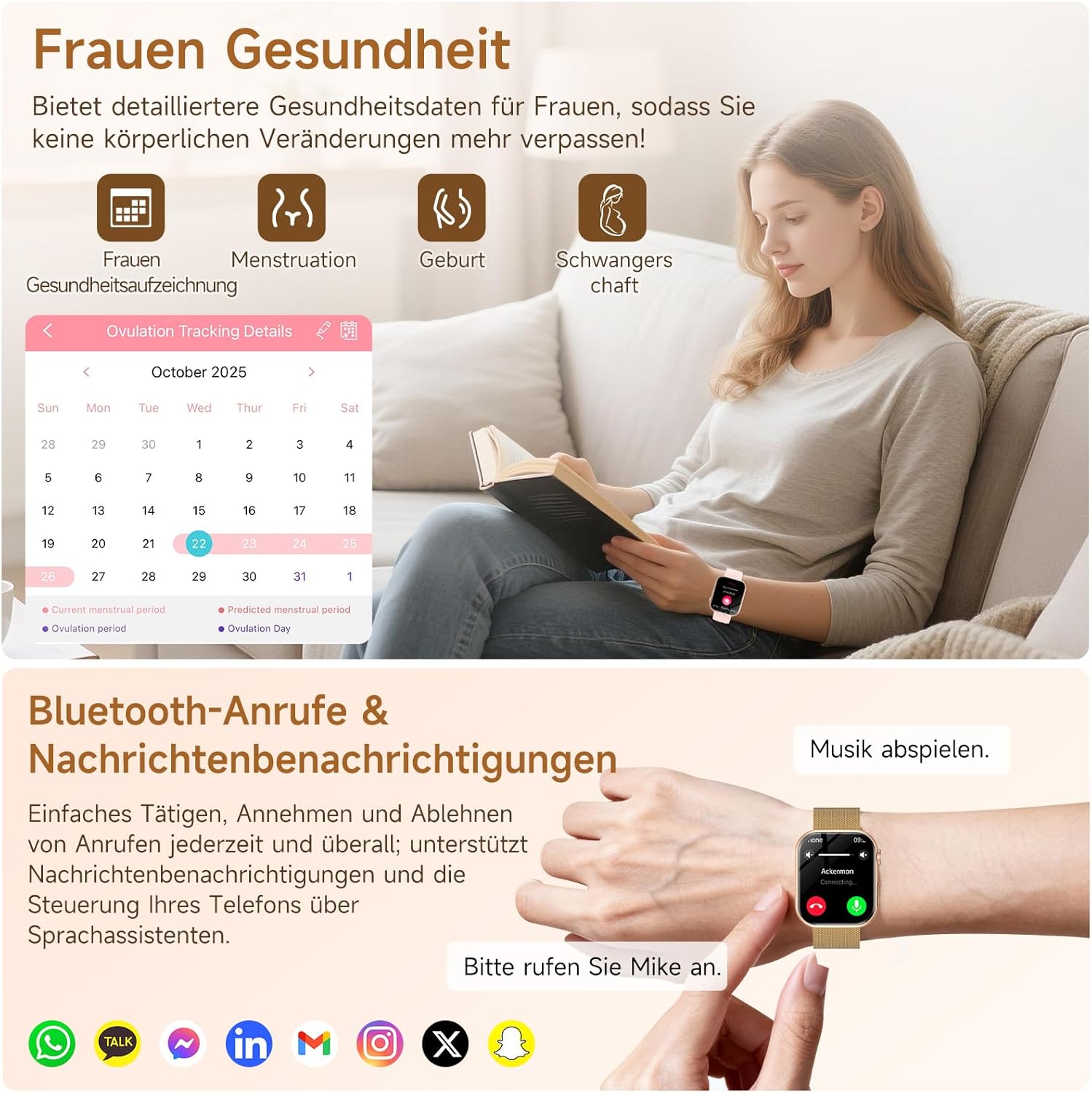 2026 Neu Smartwatch Damen mit EKG+HRV/Blutdruck/Menstruationszyklus/BMI/Schlafmonitor 1,97"AMOLED Gesundheitsuhr mit Telefonfunktion 24H Herzfrequenz SpO2 Körpertemperatur, Fitnessuhr für Android/iOS – Bild 5
