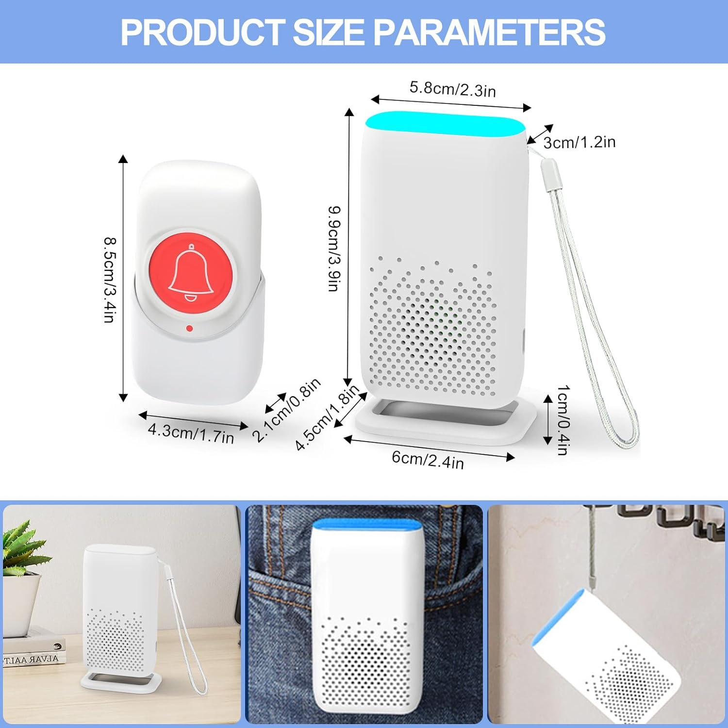 Cuteefun Portable Emergency Call Button for Seniors, Wireless Seniors Emergency Call, 58 Melodies, 5 Model Adjustment, 800 m Call Range, Rechargeable Home Emergency Alarm for Patient, Elderly Man, 2 Transmitters + 1 Receiver – Bild 6