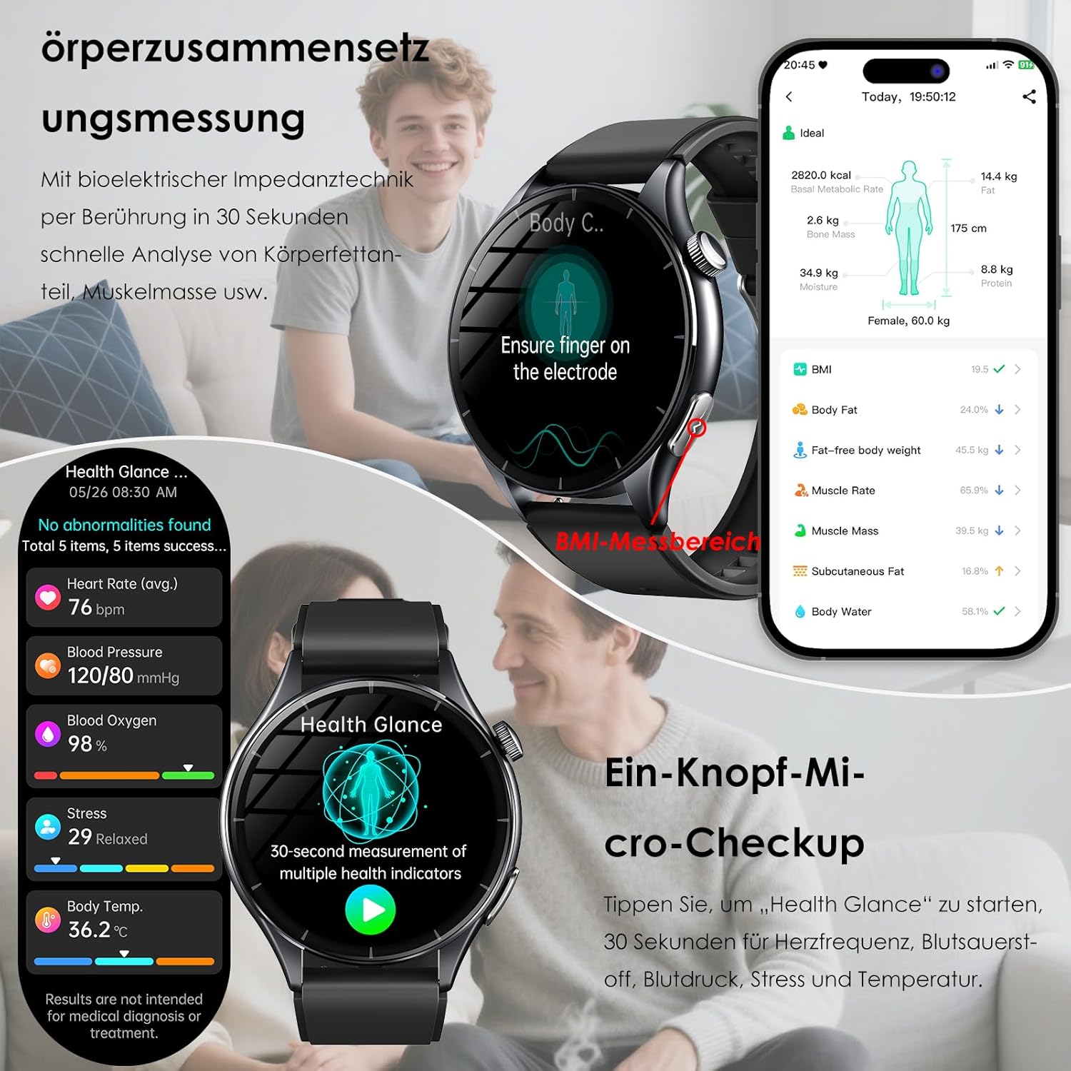 2026 Smartwatch Herren mit EKG/Blutdruck/BMI/HRV/Harnsäure/Emotion/Stimmung/LED-Licht, 1,56" AMOLED Rund Gesundheitsuhr mit SpO2/Körpertemperatur/Pulsuhr/Schlaf, SOS-Notruf Fitnessuhr für iOS Android – Bild 3