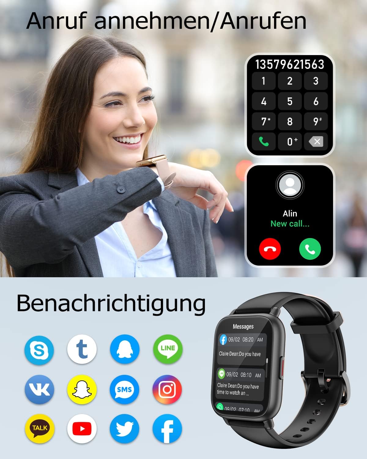 RUIMEN Smartwatch with Phone Function, Smartwatch for Men and Women, 1.85 Inch HD Screen Fitness Watch with SpO2 Monitoring, Heart Rate Monitor, Sleep Monitor, Pedometer Watch, 110+ Training Modes for Android iOS (2 Bands) – Bild 3