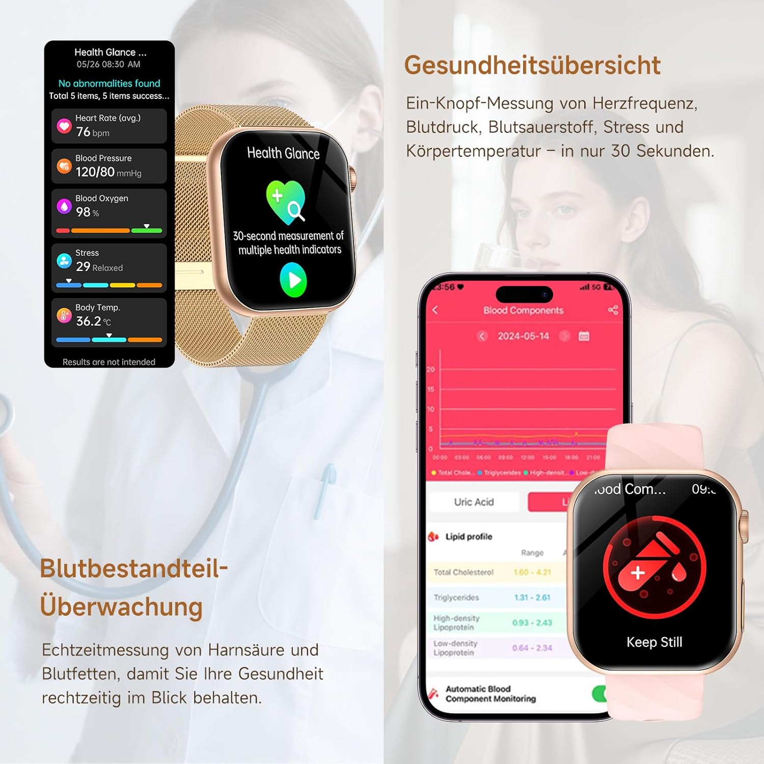 2026 Neu Smartwatch Damen mit EKG+HRV/Blutdruck/Menstruationszyklus/BMI/Schlafmonitor 1,97"AMOLED Gesundheitsuhr mit Telefonfunktion 24H Herzfrequenz SpO2 Körpertemperatur, Fitnessuhr für Android/iOS – Bild 4