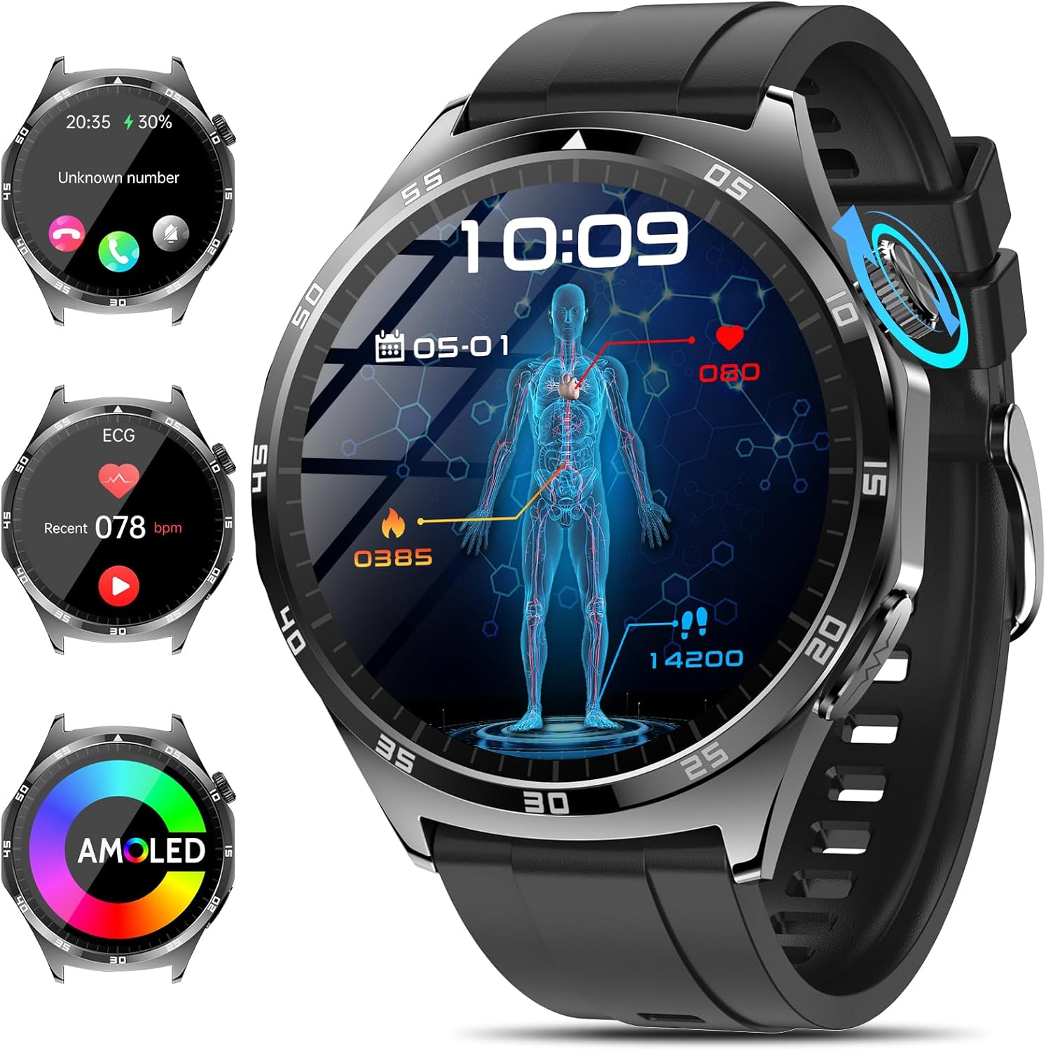 2026 Neu Smartwatch Herren mit EKG/Blutdruck/Harnsäure/Schlaf-Monitor/BMI/Emotion/Stimmung Rund 1,43"AMOLED Fitness Gesundheitsuhr mit 24h Herzfrequenz SPO2,Bluetooth-Anrufe SOS-Notruf für iOS Android