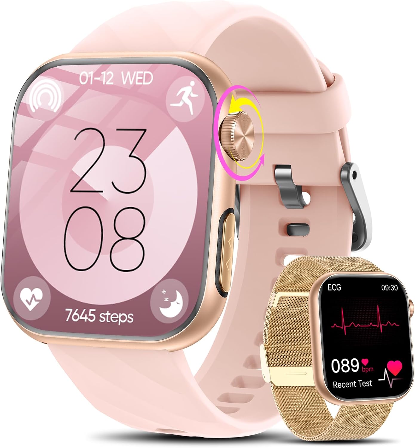 2026 Neu Smartwatch Damen mit EKG+HRV/Blutdruck/Menstruationszyklus/BMI/Schlafmonitor 1,97"AMOLED Gesundheitsuhr mit Telefonfunktion 24H Herzfrequenz SpO2 Körpertemperatur, Fitnessuhr für Android/iOS