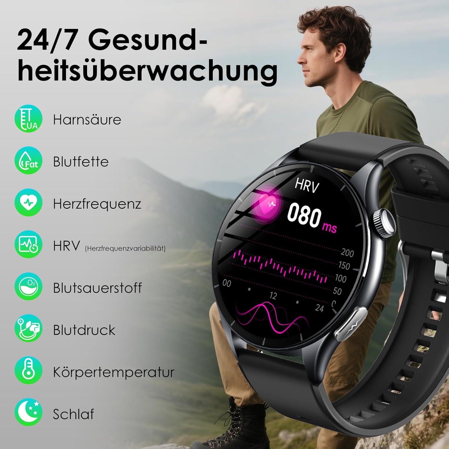2026 Smartwatch Herren mit EKG/Blutdruck/BMI/HRV/Harnsäure/Emotion/Stimmung/LED-Licht, 1,56" AMOLED Rund Gesundheitsuhr mit SpO2/Körpertemperatur/Pulsuhr/Schlaf, SOS-Notruf Fitnessuhr für iOS Android – Bild 5