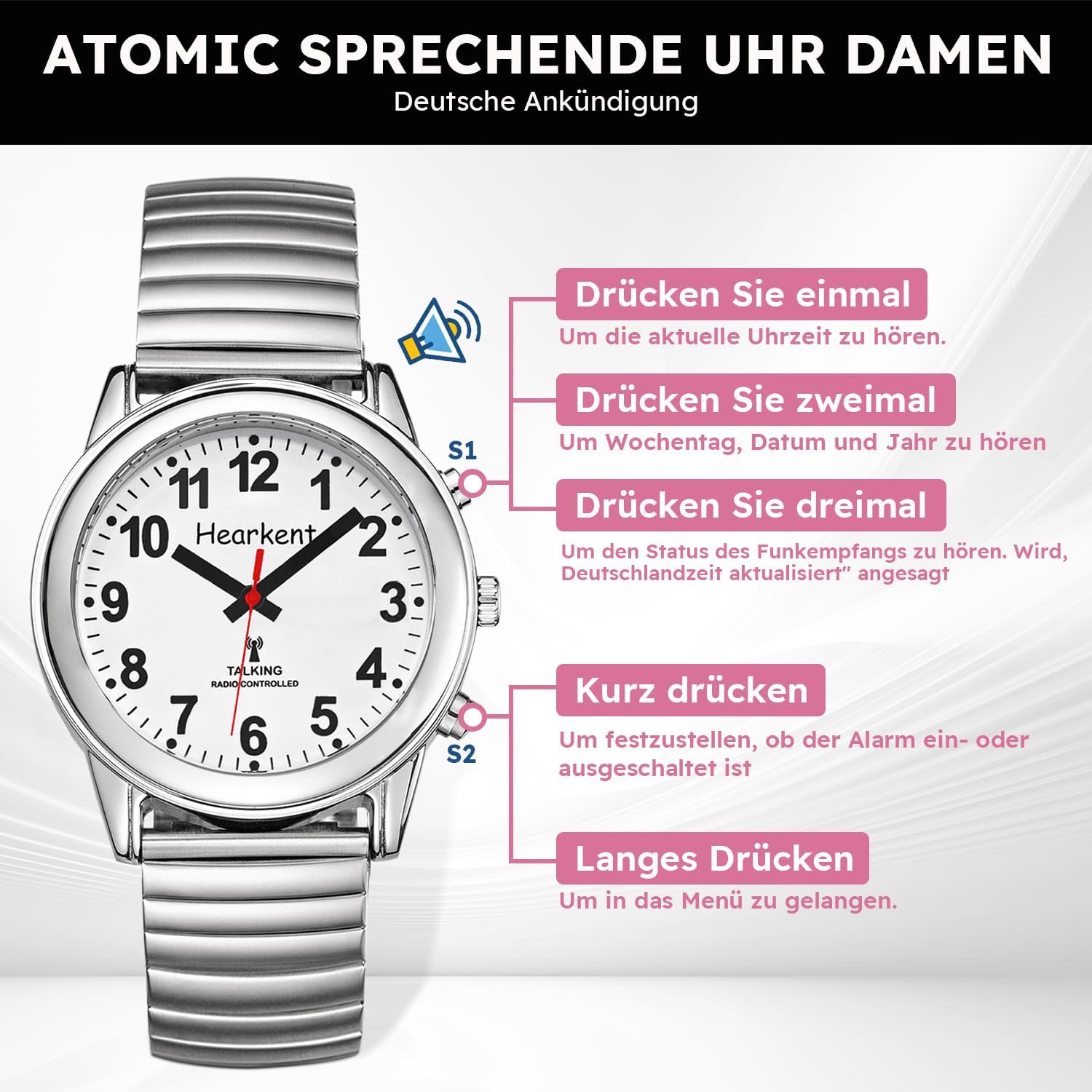 Hearkent Talking Watch with German Voice Edition, Seniors Watch, Blind Watches, Visually Impaired Watch – Bild 2