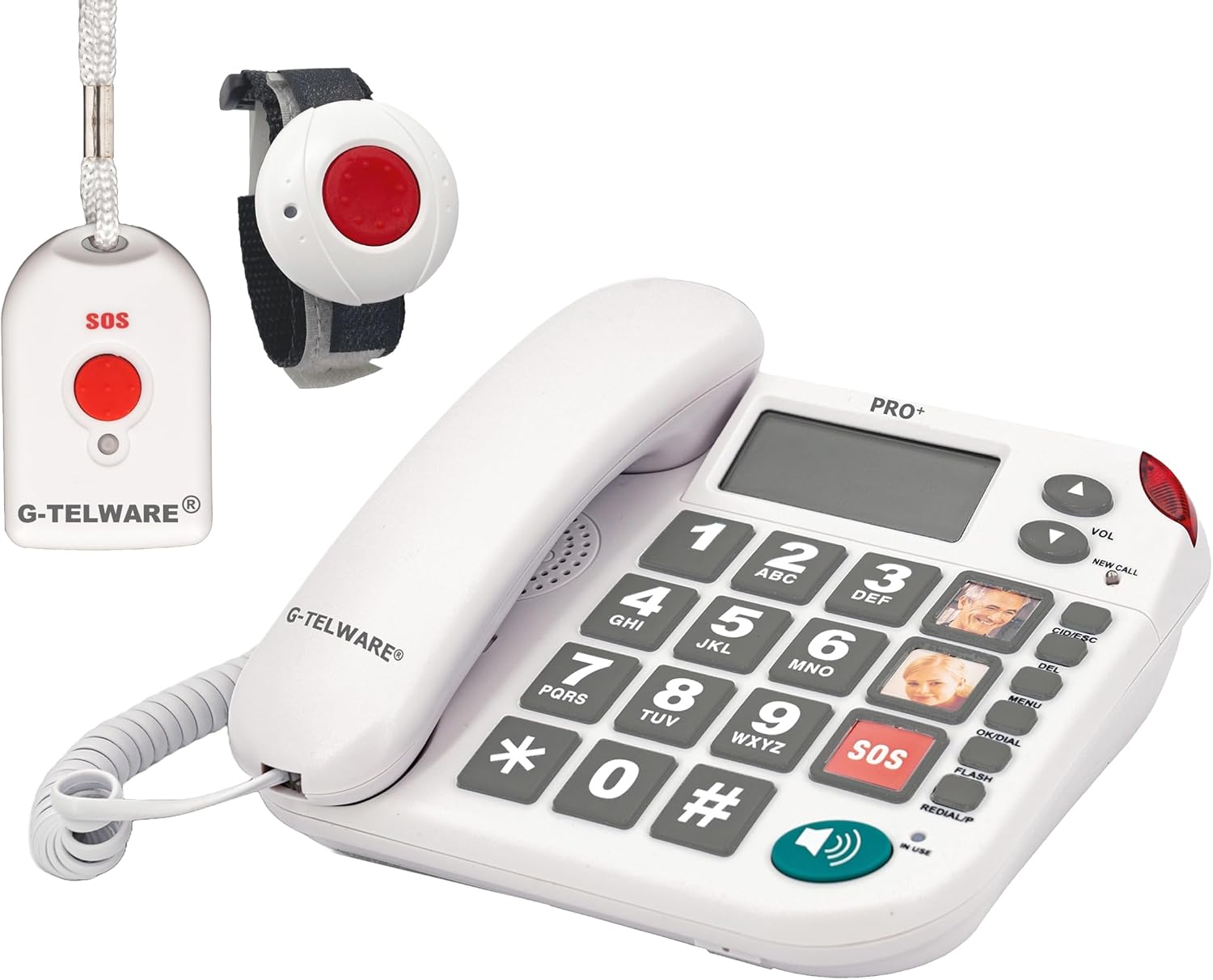 PRO+(G-TELWARE) - Senior Telephone Landline with Emergency Bracelet | with Emergency Chain for Guaranteed Accessibility | Home Emergency Call for Relatives - with SOS Bracelet and Emergency Call Button for Seniors