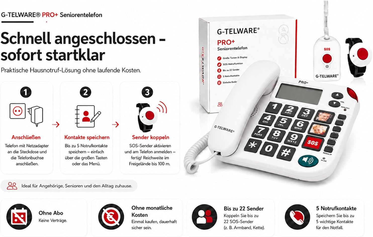 PRO (World First) Silence SOS Technology/SOSParam.einstellb./2026 Model House Emergency Call Senior Phone with Radio SOS Transmitter - 3 Bracelet Transmitters + 2 Handheld Transmitters with Loop, Satin Grey, PRO+ – Bild 8