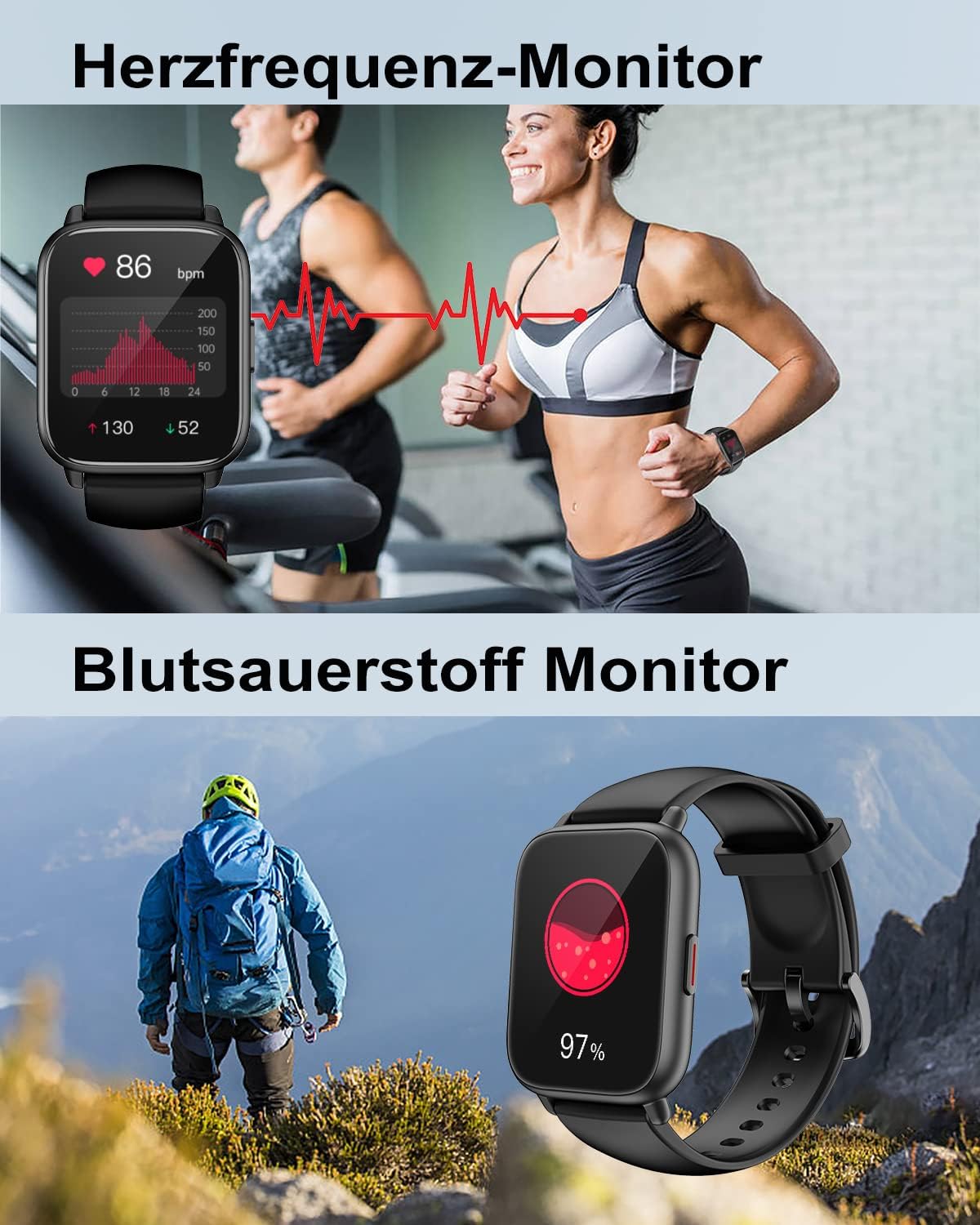 RUIMEN Smartwatch with Phone Function, Smartwatch for Men and Women, 1.85 Inch HD Screen Fitness Watch with SpO2 Monitoring, Heart Rate Monitor, Sleep Monitor, Pedometer Watch, 110+ Training Modes for Android iOS (2 Bands) – Bild 5