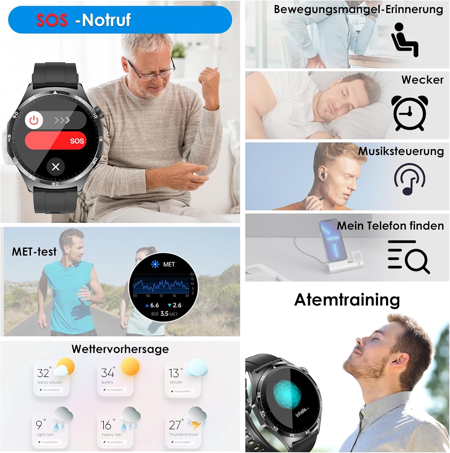 2026 Neu Smartwatch Herren mit EKG/Blutdruck/Harnsäure/Schlaf-Monitor/BMI/Emotion/Stimmung Rund 1,43"AMOLED Fitness Gesundheitsuhr mit 24h Herzfrequenz SPO2,Bluetooth-Anrufe SOS-Notruf für iOS Android – Bild 7