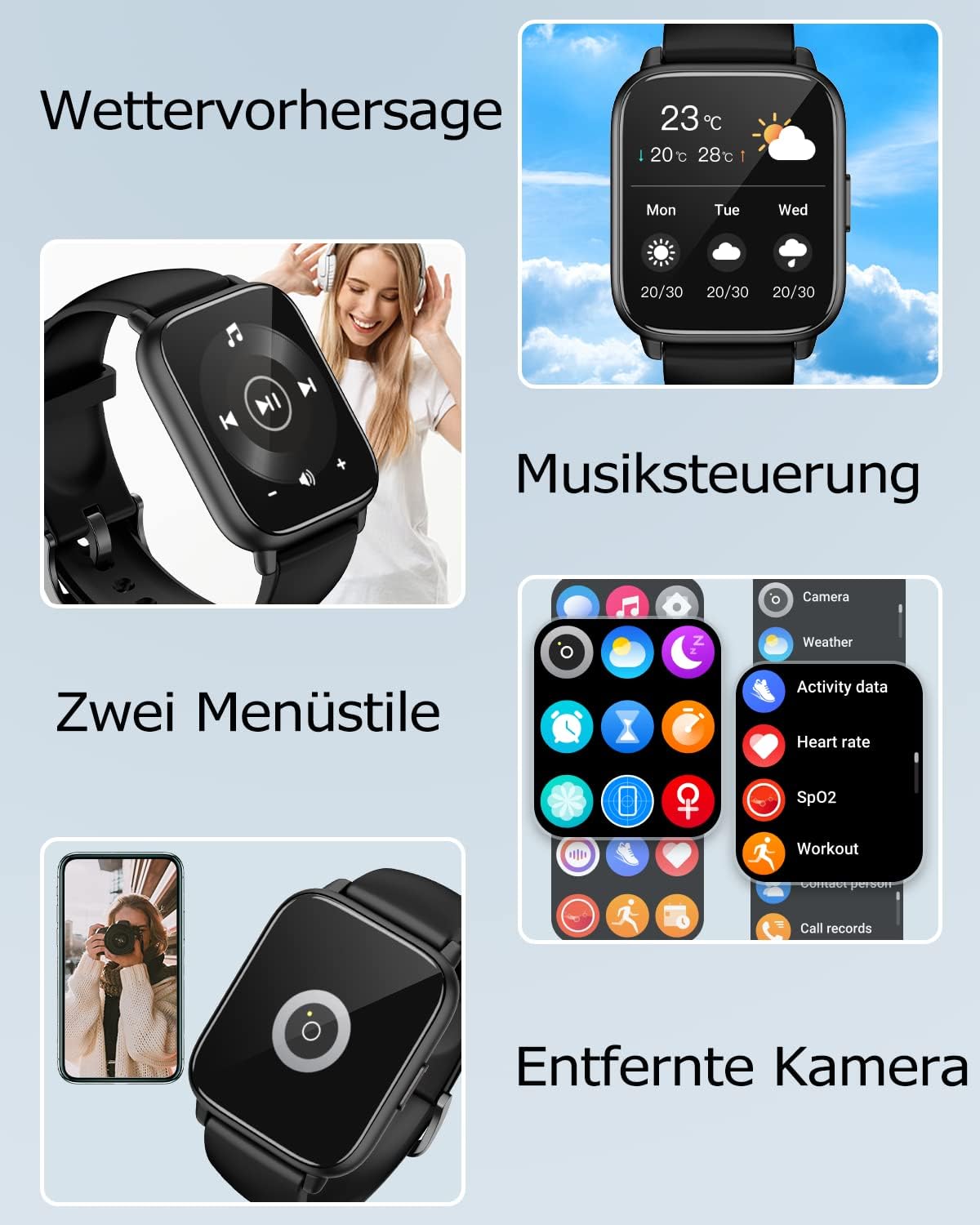 RUIMEN Smartwatch with Phone Function, Smartwatch for Men and Women, 1.85 Inch HD Screen Fitness Watch with SpO2 Monitoring, Heart Rate Monitor, Sleep Monitor, Pedometer Watch, 110+ Training Modes for Android iOS (2 Bands) – Bild 6