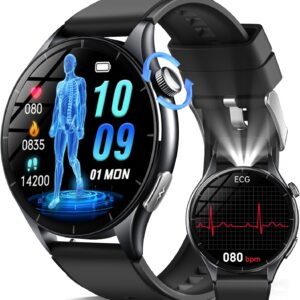 2026 Smartwatch Herren mit EKG/Blutdruck/BMI/HRV/Harnsäure/Emotion/Stimmung/LED-Licht, 1,56" AMOLED Rund Gesundheitsuhr mit SpO2/Körpertemperatur/Pulsuhr/Schlaf, SOS-Notruf Fitnessuhr für iOS Android