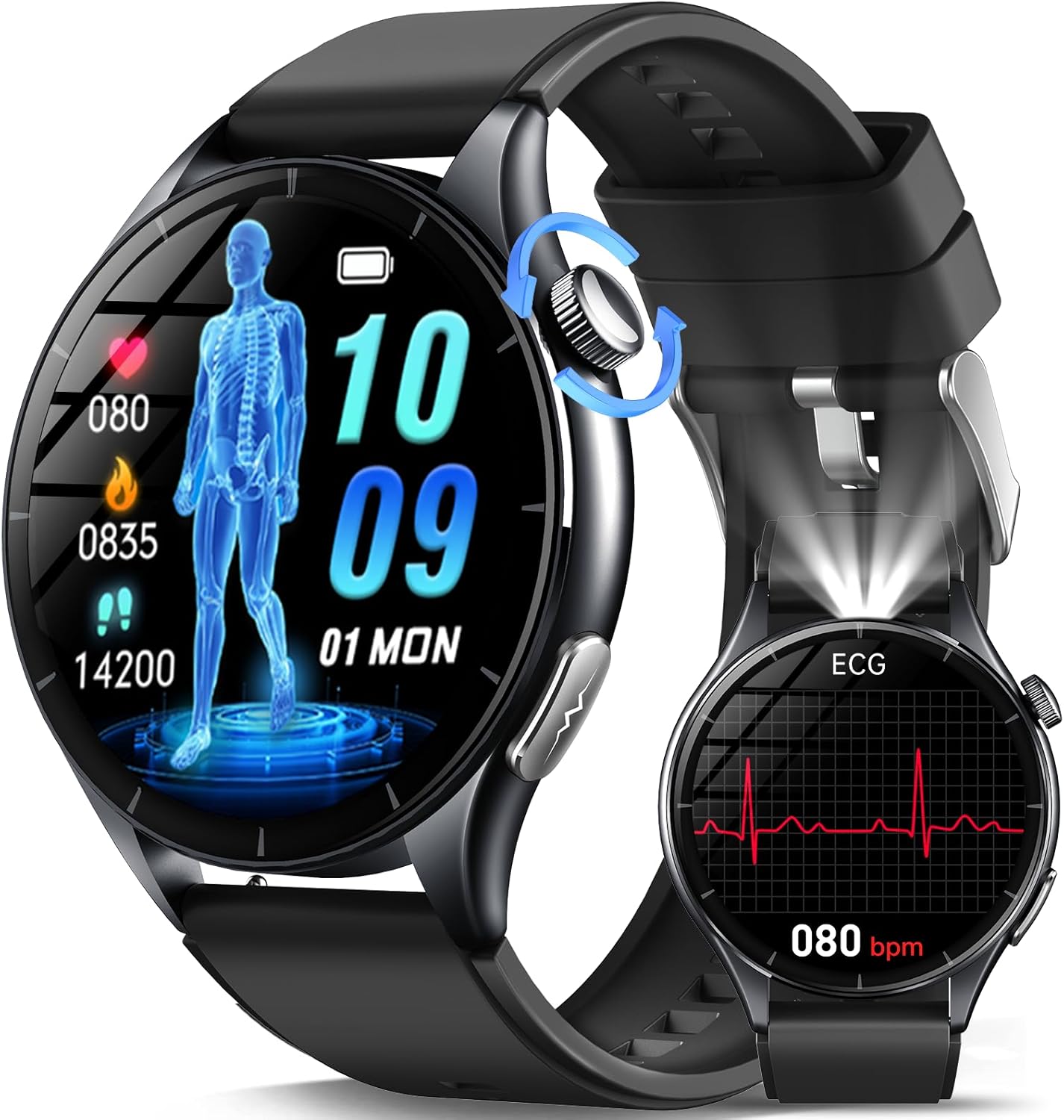 2026 Smartwatch Herren mit EKG/Blutdruck/BMI/HRV/Harnsäure/Emotion/Stimmung/LED-Licht, 1,56" AMOLED Rund Gesundheitsuhr mit SpO2/Körpertemperatur/Pulsuhr/Schlaf, SOS-Notruf Fitnessuhr für iOS Android