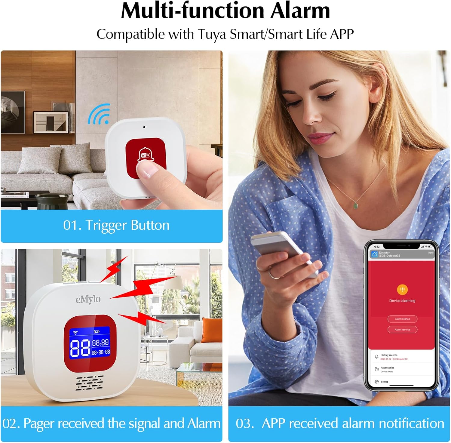 Seniors Emergency Call, Home Emergency Call, Emergency Button for Seniors, WiFi Seniors, Emergency Call Receiver x 1 + Call Button x 2, Compatible with Tuya Smart/Smart Life/Alexa (Supports Wi-Fi 2.4 GHz) – Bild 3