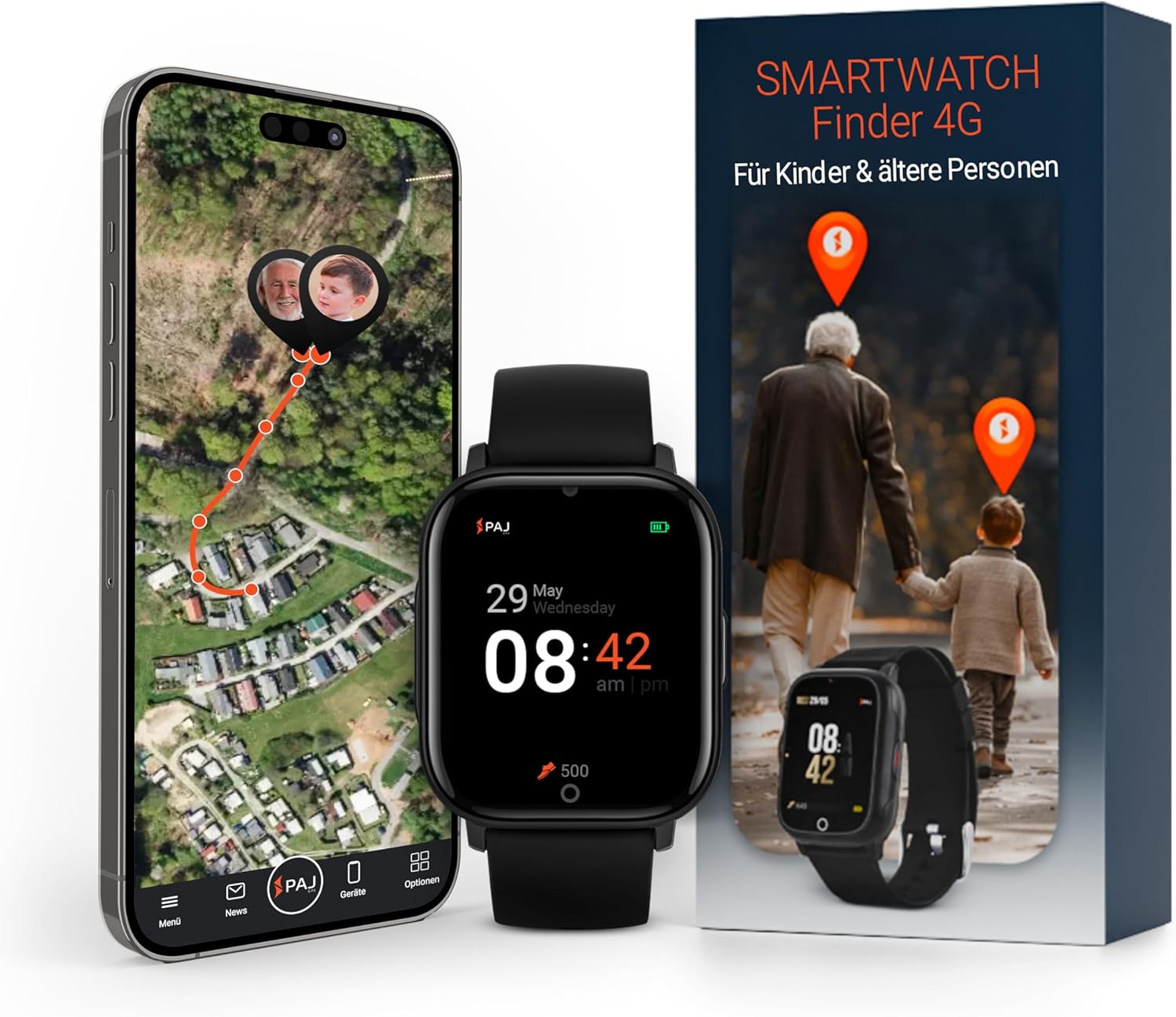PAJ Smartwatch Finder 4G for Children - GPS Tracker, SOS Alarm, Camera, Voice Messages, Real-time Location, Waterproof, Easy to Use, Safety Thanks to Watch for Children, Seniors, Dementia - Black