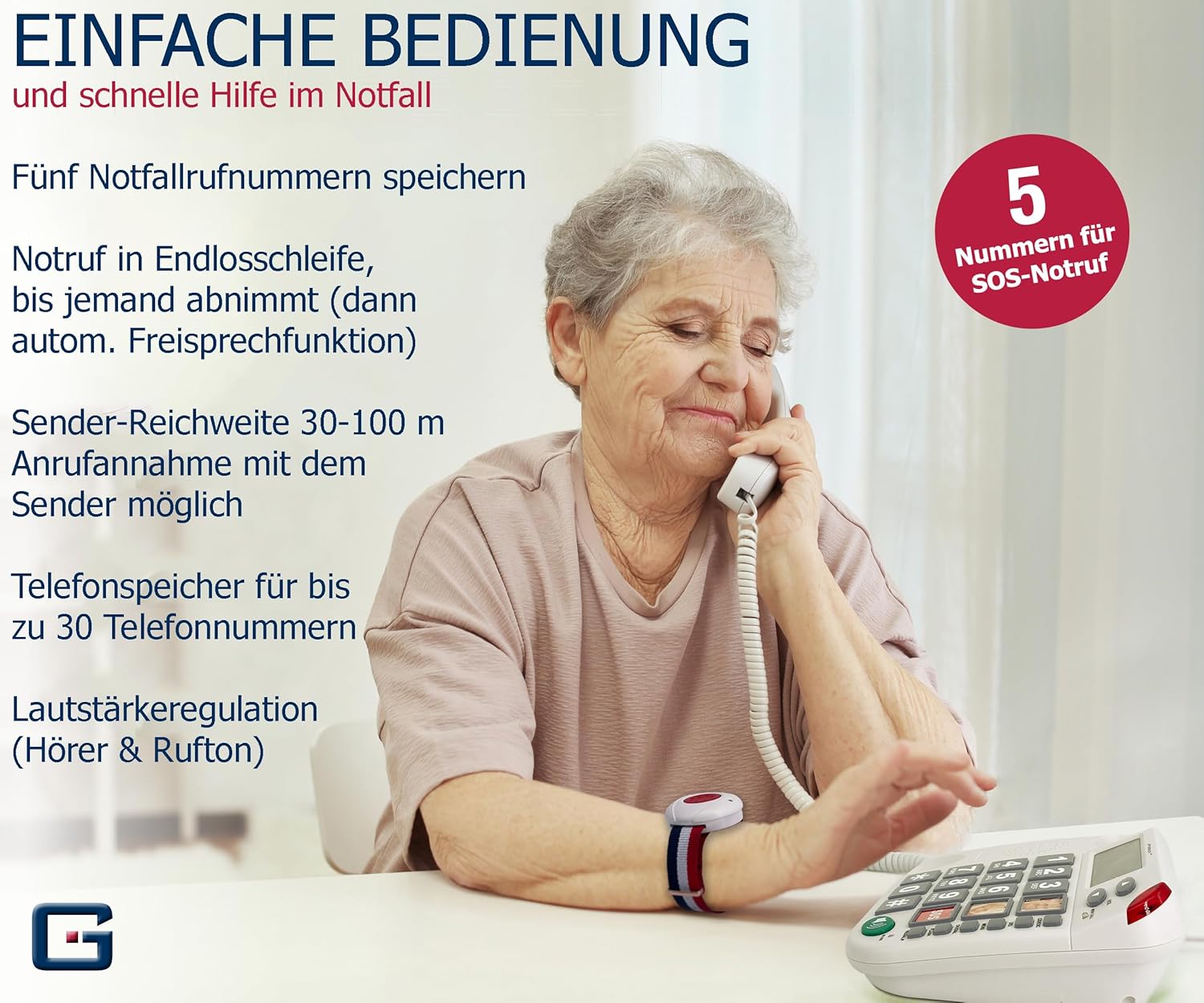 PRO+(G-TELWARE) - Senior Telephone Landline with Emergency Bracelet | with Emergency Chain for Guaranteed Accessibility | Home Emergency Call for Relatives - with SOS Bracelet and Emergency Call Button for Seniors – Bild 6