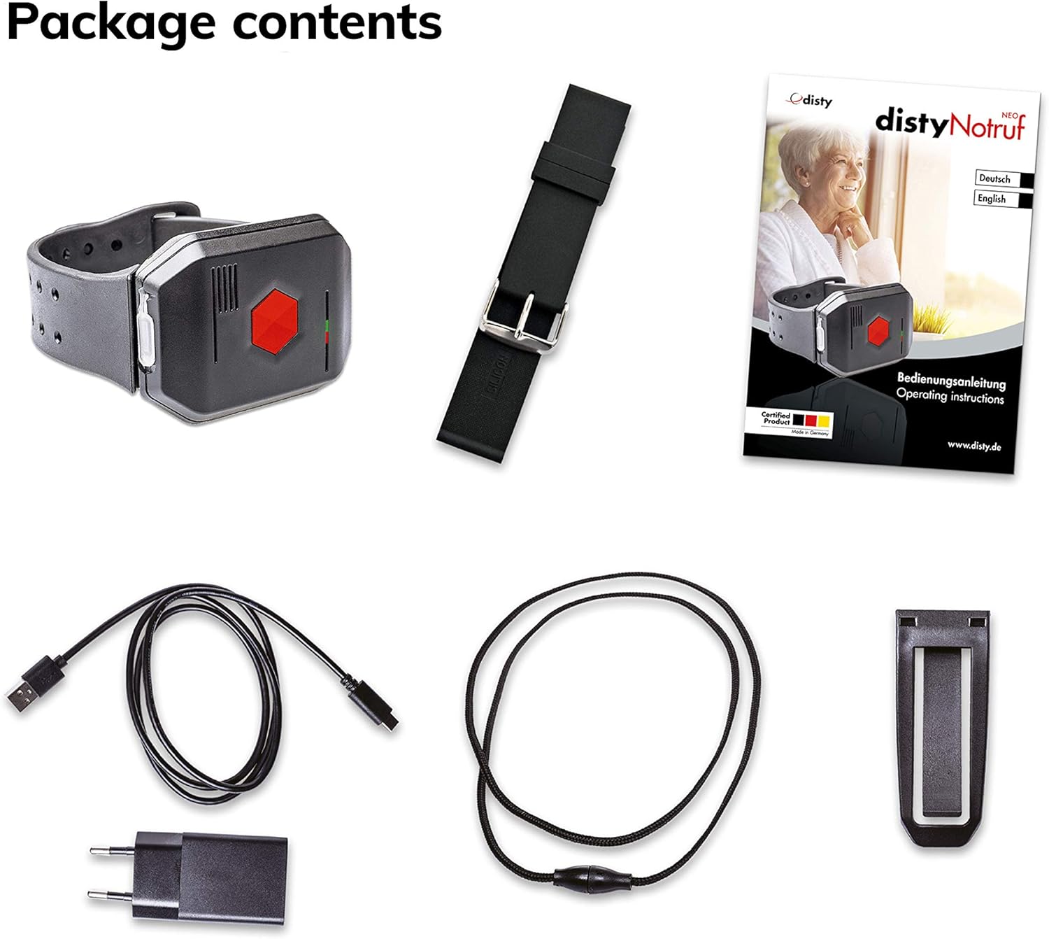 DistyNotruf NEO mobile emergency bracelet for home - splash-proof emergency bracelet as a telephone for senior citizens House emergency call Senior telephone emergency button Emergency button incl. Clip and necklace – Bild 4