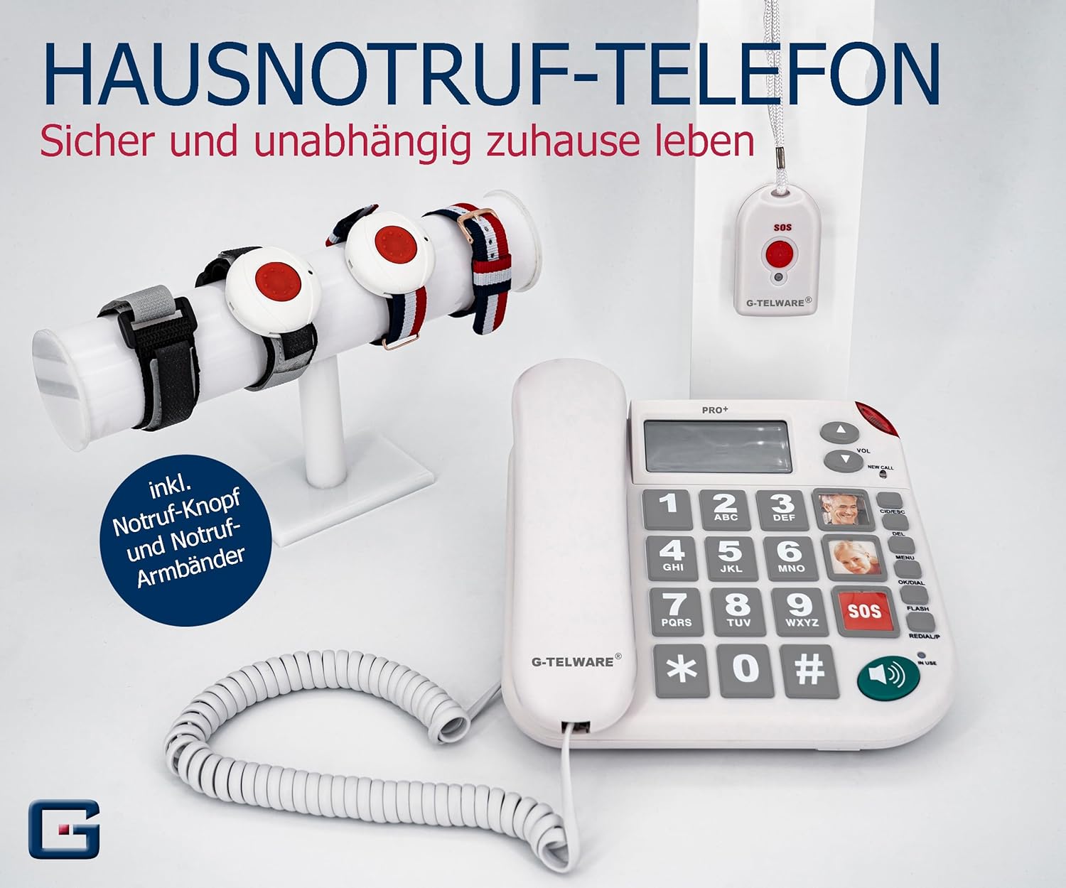 PRO+(G-TELWARE) - Senior Telephone Landline with Emergency Bracelet | with Emergency Chain for Guaranteed Accessibility | Home Emergency Call for Relatives - with SOS Bracelet and Emergency Call Button for Seniors – Bild 4